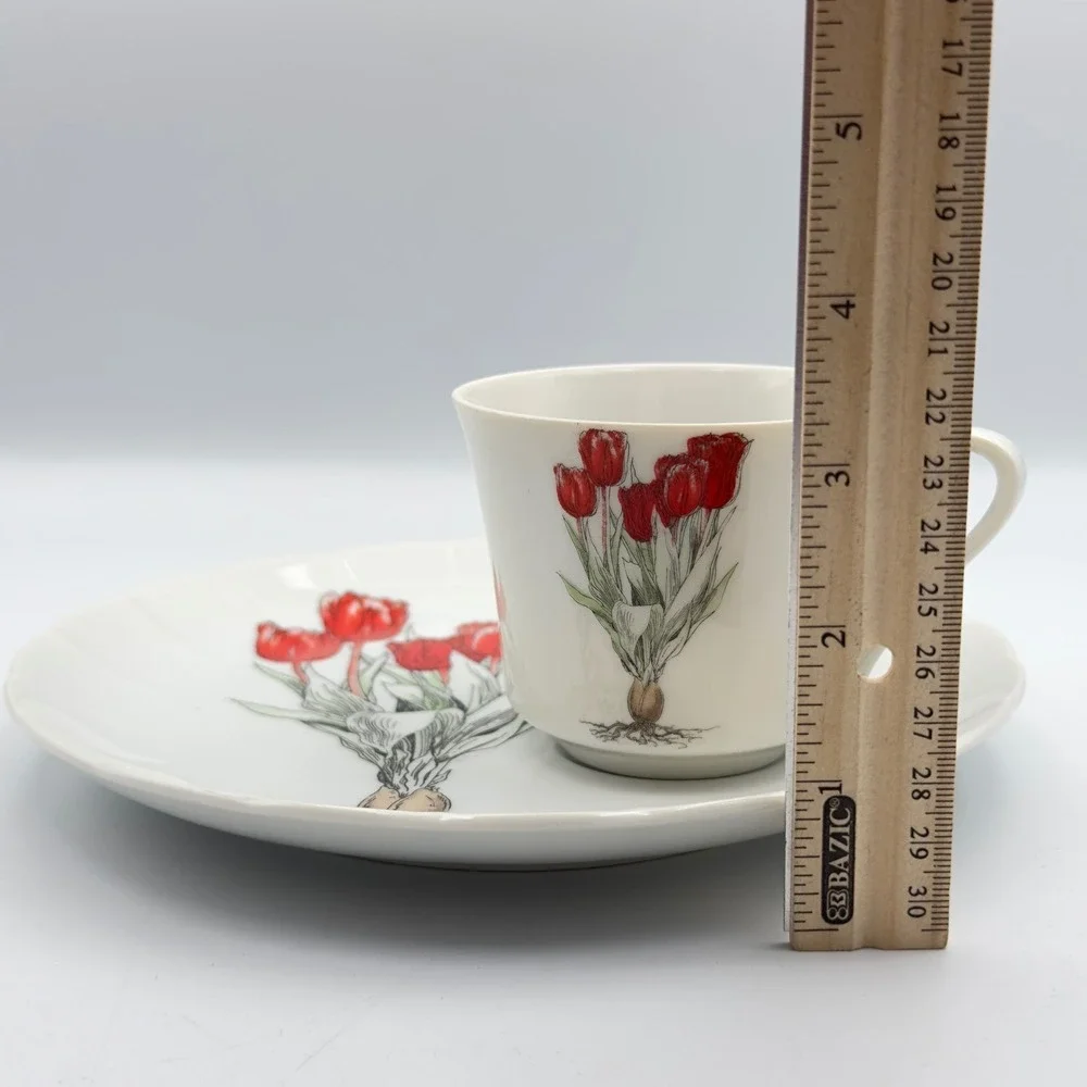 Mann Fine China Red Tulip Botanical Snack Set Cup and Scalloped Plate Vintage
